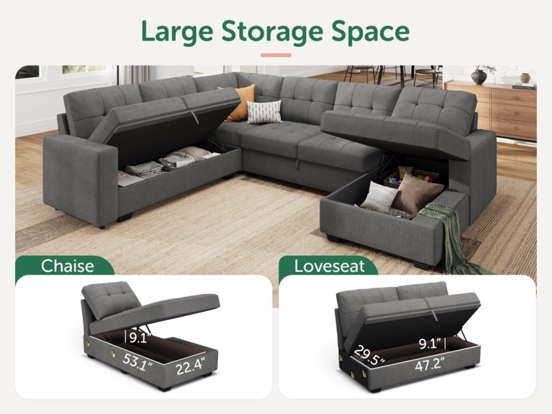 Charcoal Grey U-Shaped Sectional Sofa with Dual Storage Compartments
