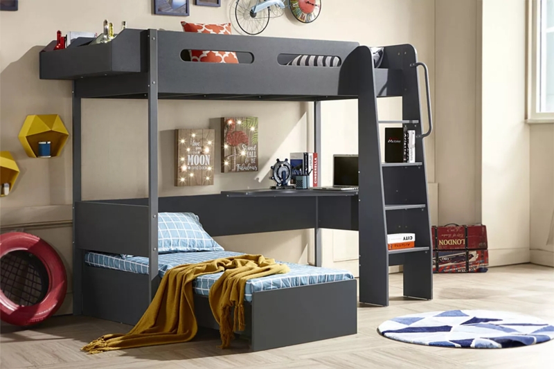 Charcoal Loft Bed with Guardrail Cutouts and Integrated Workstation