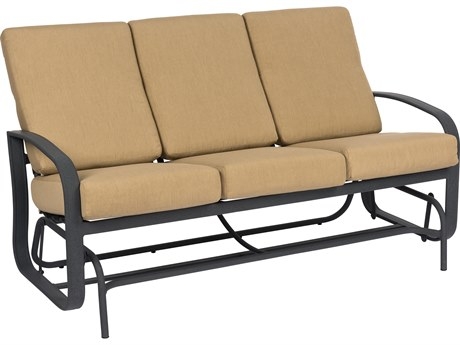 Charcoal Metal Patio Glider with High Back Sand Beige Cushions