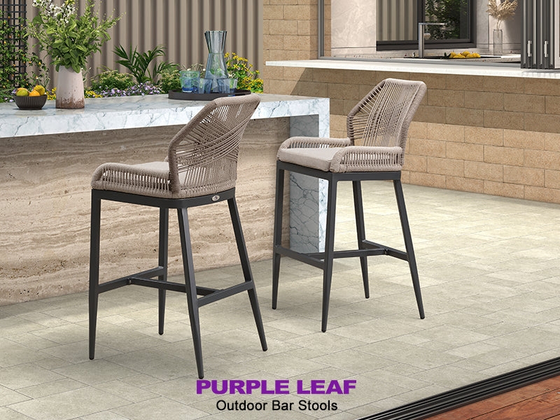 Charcoal Rope Bar Stools with Integrated Armrests and Metal Frame