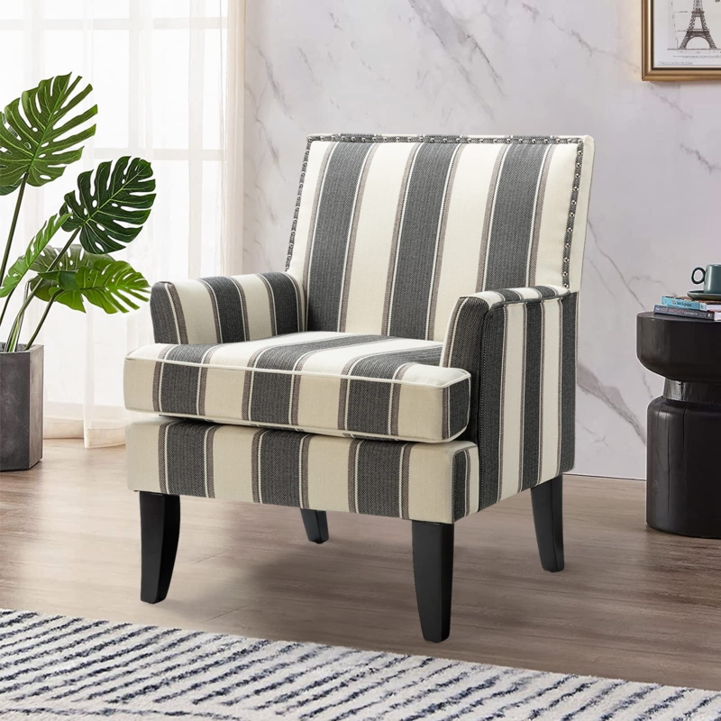 Charcoal Stripe Accent Chair, Nailhead Trim, Tapered Legs, Square Back