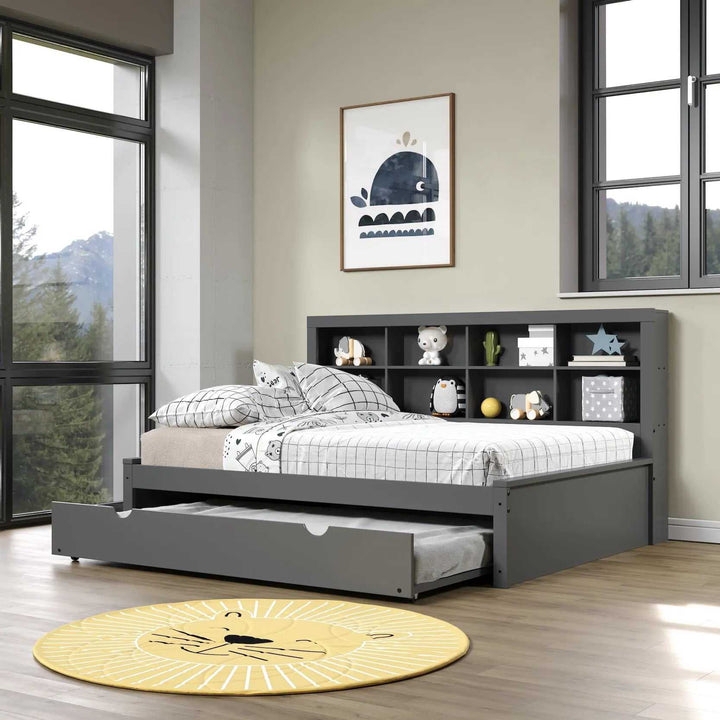 Charcoal Trundle Bed, Modern Minimalist Grey Bookcase Headboard, Casters