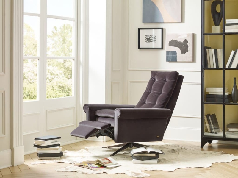 Charcoal Tufted Swivel Recliner with Integrated Footrest