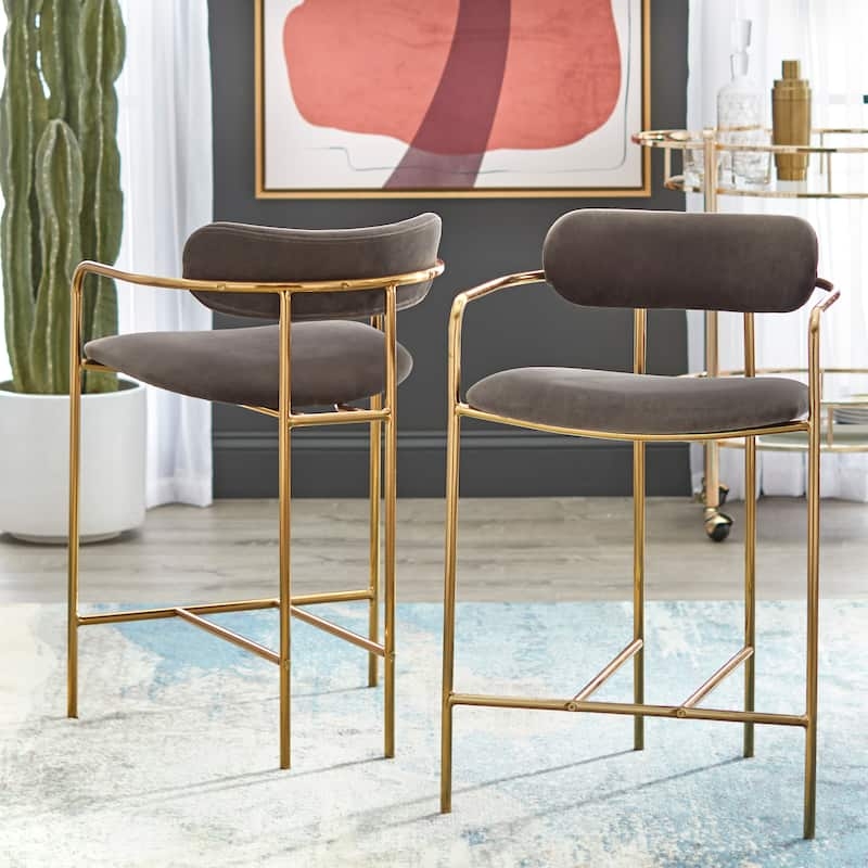 Charcoal Velvet Bar Stool with Slim Gold Frame and Curved Back