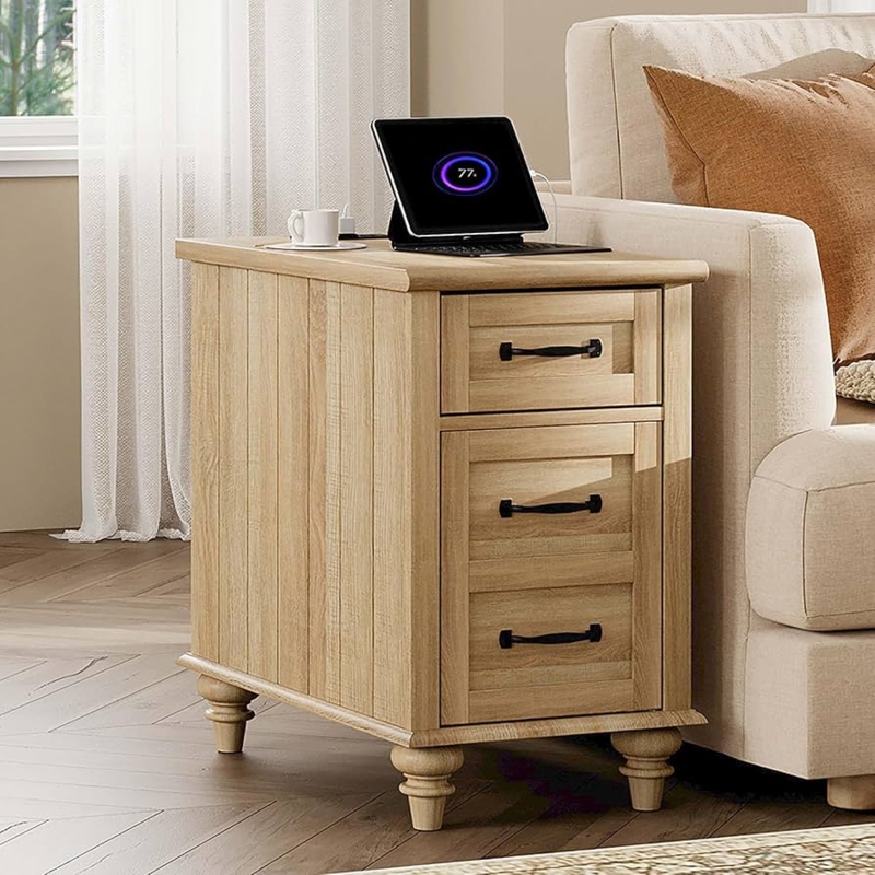 Charging End Table Light Oak Slat Paneling Bun Feet