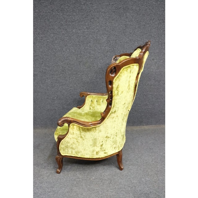 Chartreuse Crushed Velvet Wingback Chair with Rococo Carved Wood Frame