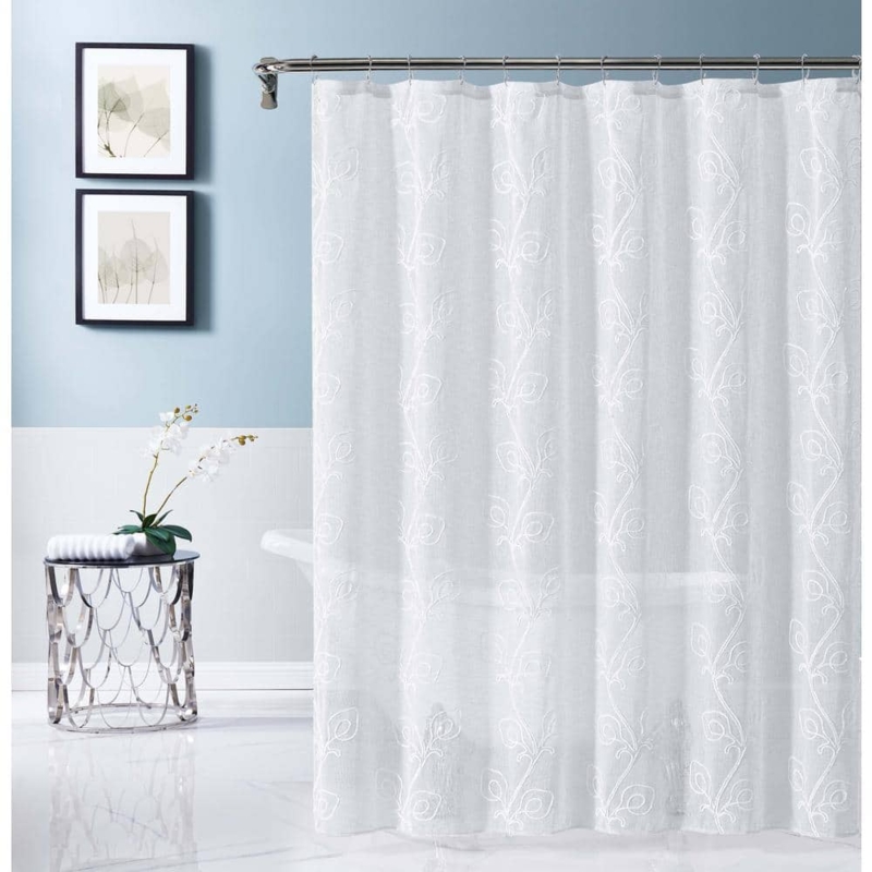 Chenille Floral Shower Curtain, White Embroidered Vine, Transitional Spa.