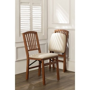 Cherry Wood Folding Chair Slat Back Cream Upholstered Seat Hardwood