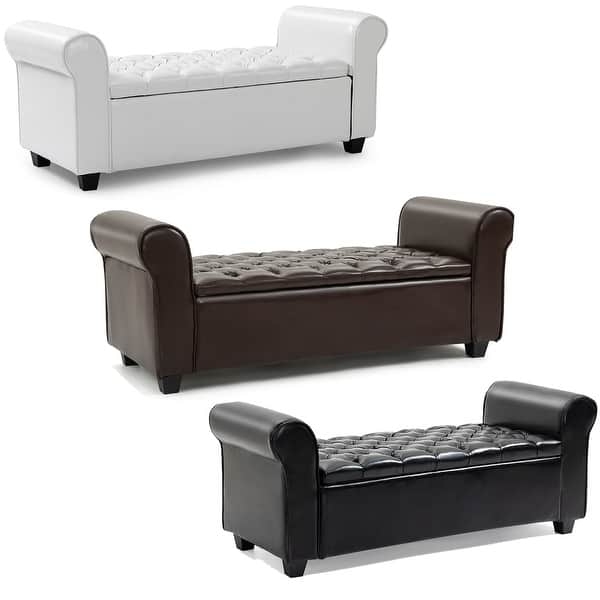 Chesterfield Inspired Leather-Like Storage Bench with Rolled Arms