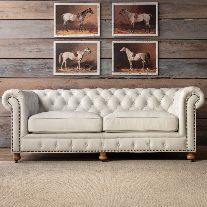 Chesterfield Sofa: Button Tufted Sofa with Casters and Two Cushions