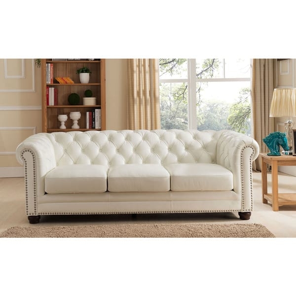Chesterfield Sofa: Creamy White Tufted Couch with Silver Nailhead Trim
