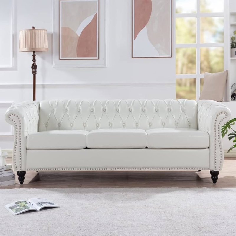 Chesterfield Sofa: Rolled Arm Nailhead Sofa with Silver Trim Details