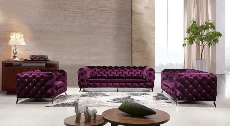 Chesterfield Sofa Set with Deep Tufting and Polished Chrome Legs