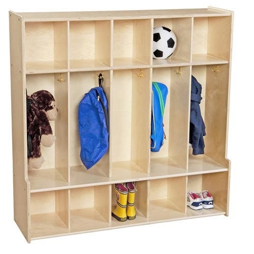 Child Locker Light Wood Five Section Design Integrated Hooks Tiered