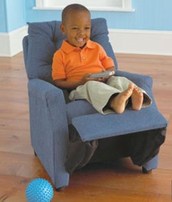 Child Sized Recliner: Medium Blue Textured Fabric Rolled Arms