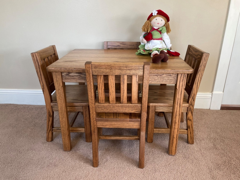 Childrens Table Set Dark Oak Mission Style Slatted Back Five Piece Set