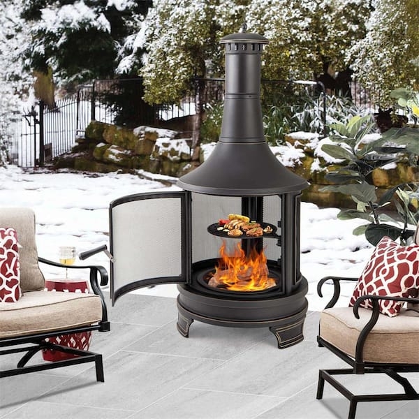Chiminea Fire Pit Tall Metal Integrated Grill Mesh Safety Door Rustic