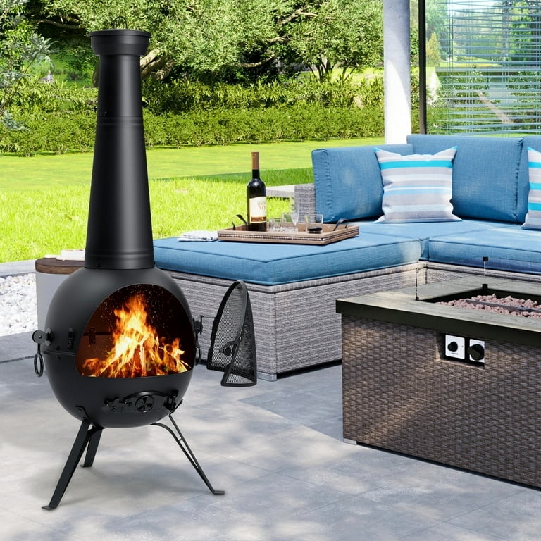 Chiminea Tall Flue Matte Black Tripod Legs Bulbous Firebox