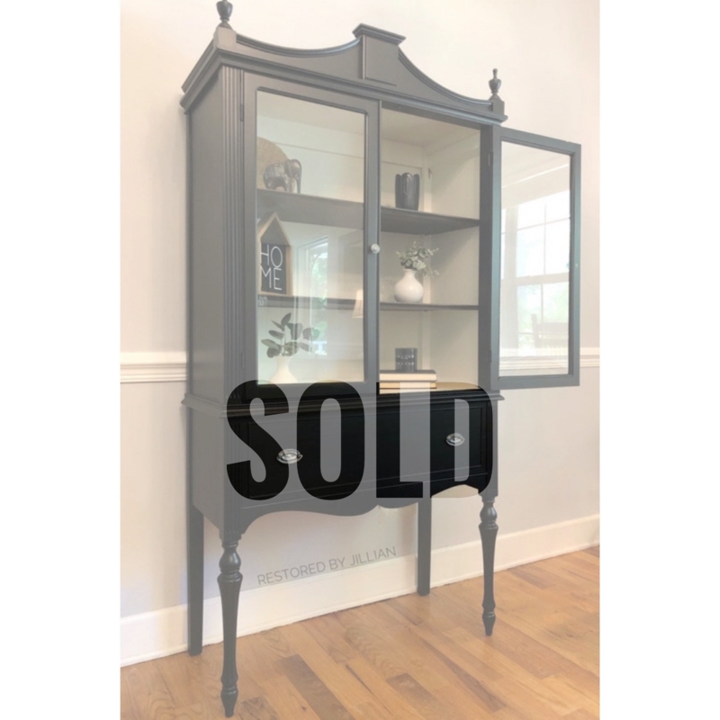 China Cabinet: Vintage Black Hutch With Pediment Top