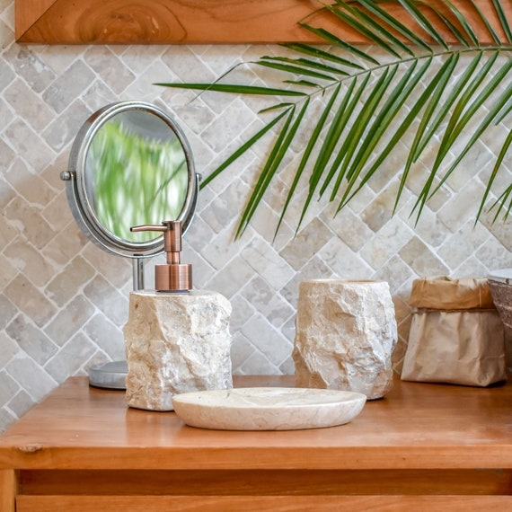 Chiselled Stone Bathroom Set with Copper Pump Head and Polished Dish