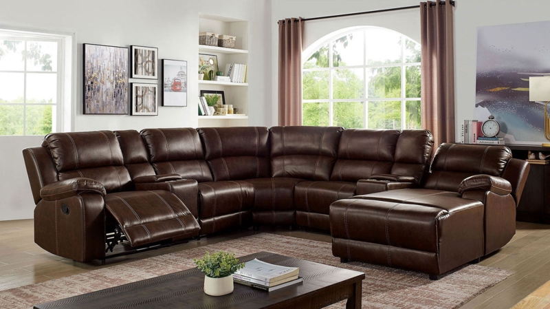 Chocolate Brown Reclining Sectional Contrast Stitching Console