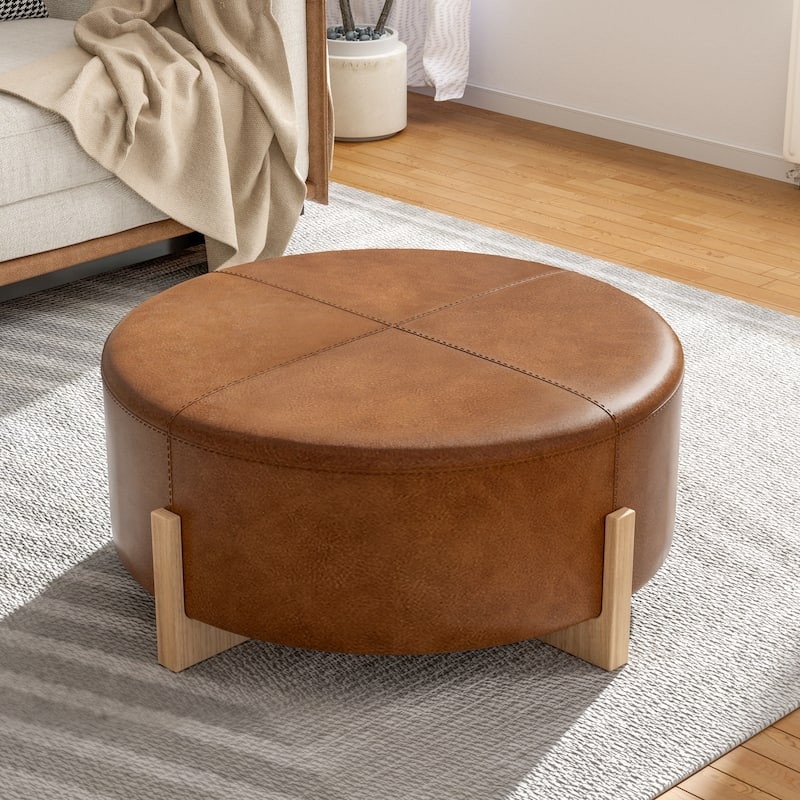 Christopher Knight Home - 34" Round Tufted Upholstered Cocktail Ottoman,  Leather Coffee Table with Solid Wood Legs - On Sale - Overstock - 42622905