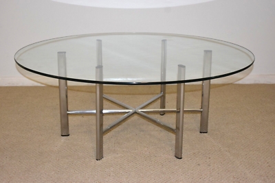 Chrome Coffee Table Round Glass Six Vertical Legs X-Base