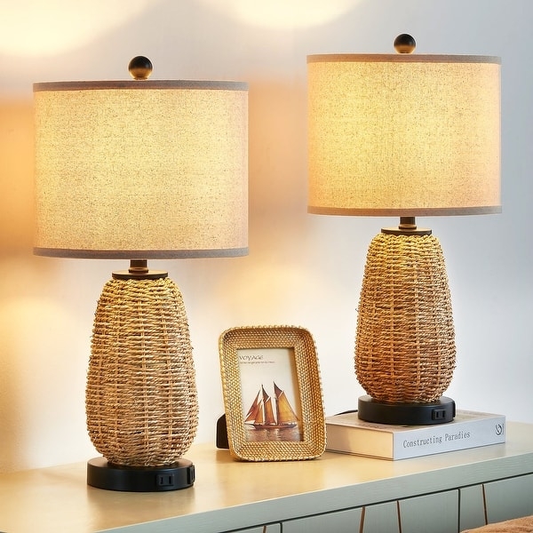 Cinkeda Touch Control Table Lamps Set of 2 for Living Room Bedroom 3-Way Dimmable Farmhouse Rattan Bedside Lamps with USB Ports AC Outlet
