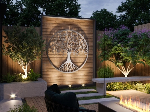 Circular Metal Tree Art Horizontal Wood Slats Uplighting