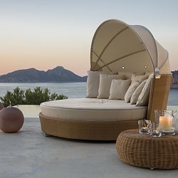 Circular Outdoor Daybed, Retractable Canopy, Coastal Patio Lounge