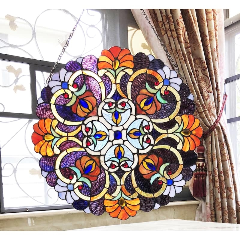 Circular Stained Glass Panel, Vibrant Multicolor Mandala.