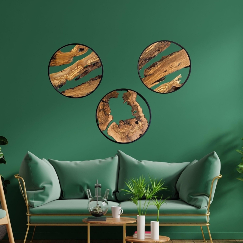 Circular Wall Art featuring Live Edge Olive Wood and Metal Frame