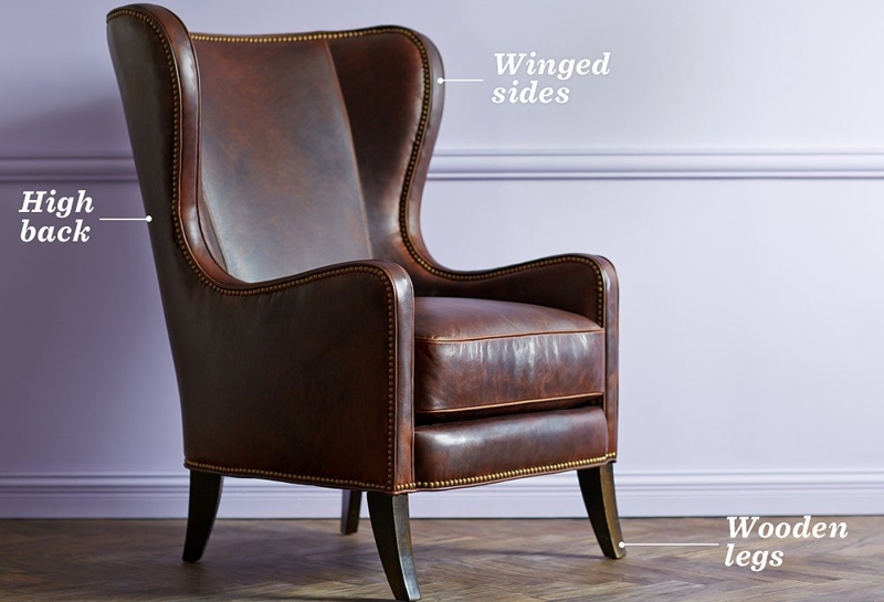 Classic Wingback Chair Brown Leather-Like Nailhead Trim Tapered Legs