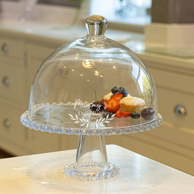 Clear Glass Cake Stand with Beaded Rim and Bobbin Detail Pedestal