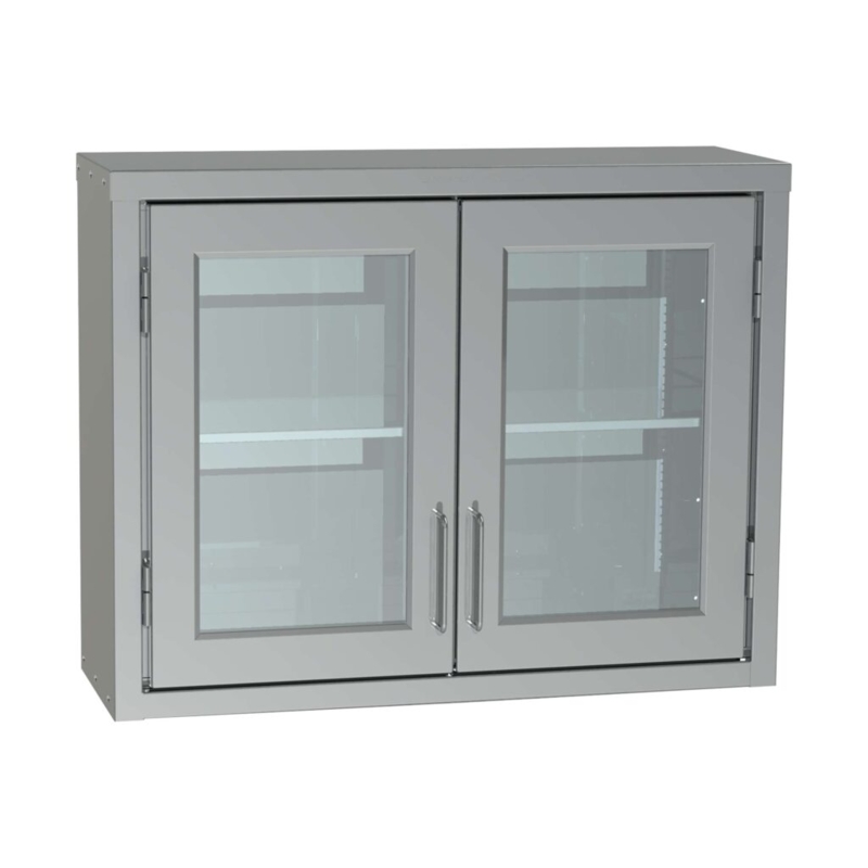 Clinical Wall Cabinet with Glass Front Doors and Exposed Metal Hinges
