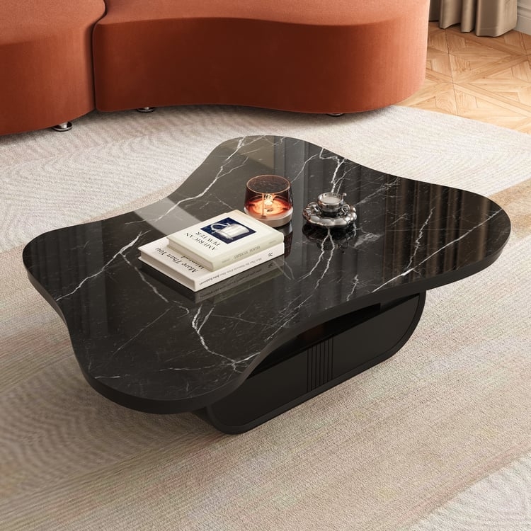 Cloud Coffee Table Wood Irregular Sintered Stone Top in Black with Drawer Storage