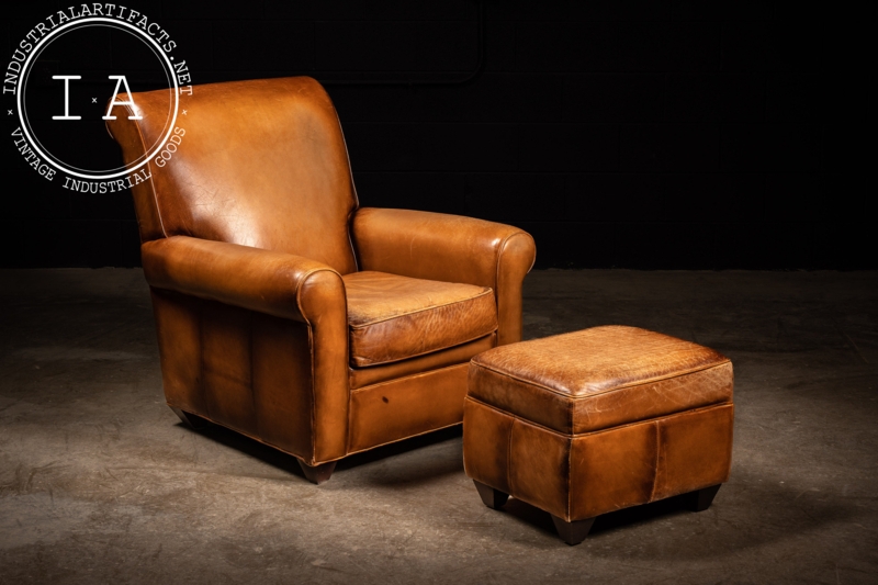 Club Chair: Tobacco Brown Distressed Leather with Rolled Arms
