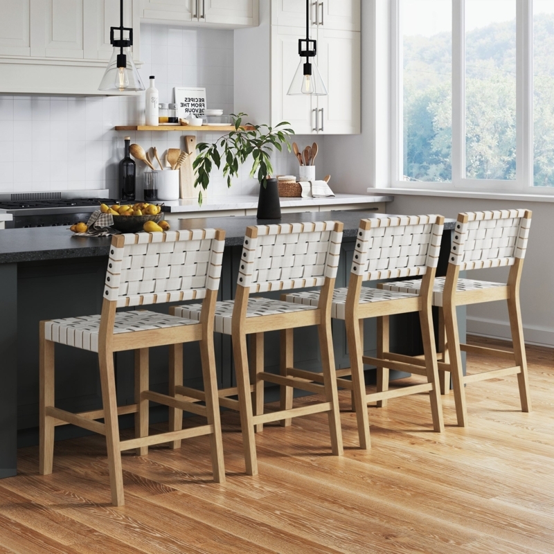 Coastal Bar Stool with Woven Straps and Natural Wood Frame