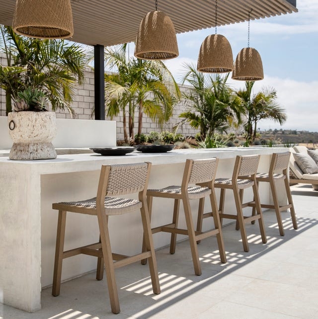 Coastal Bar Stools with Woven Cord Seating and Wood Toned Frame