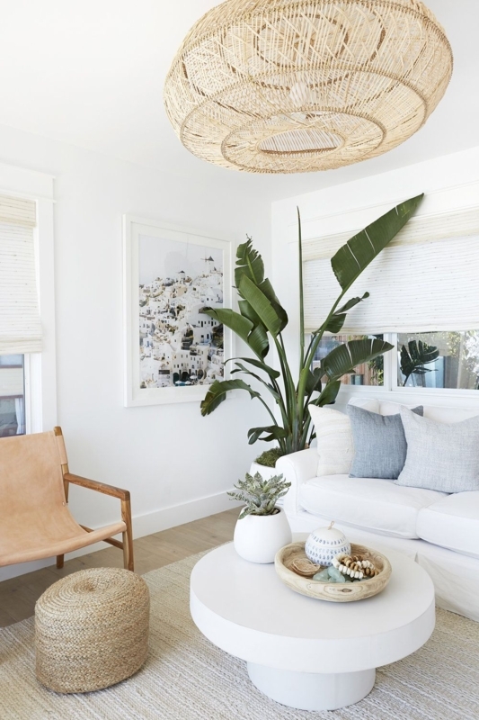 Coastal Boho Living Room Set with Rattan Pendant and White Pedestal Table