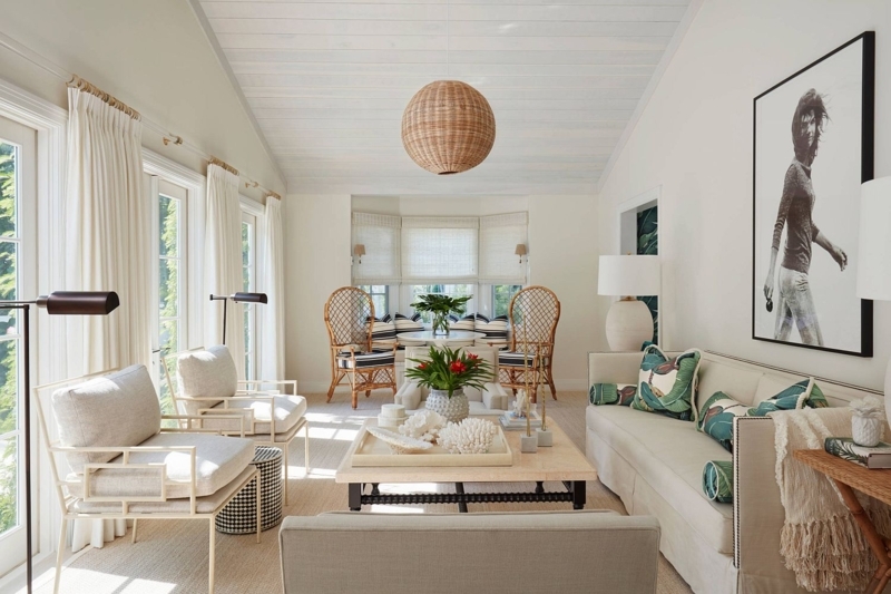 Coastal Chic Living Room with Rattan Pendant Light and Planked Ceiling