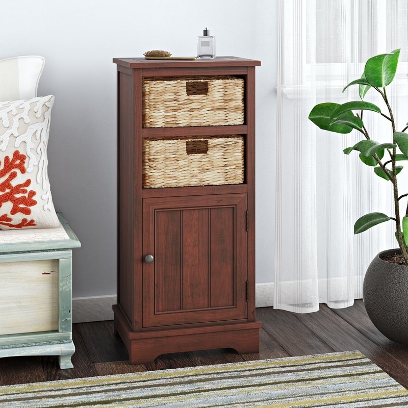 Coastal Entryway Cabinet with Woven Basket Drawers and Paneled Door