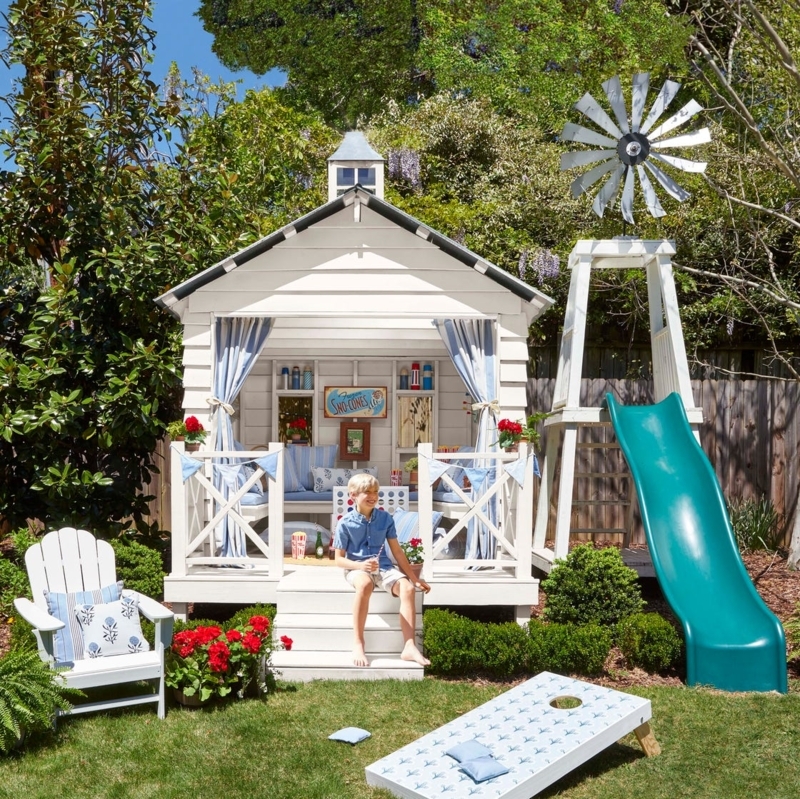 Coastal Kids Playhouse with Cupola, Striped Curtains & Windmill