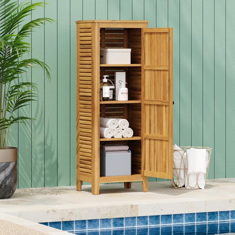 Coastal Modern Storage Cabinet with Louvered Doors and Teak Finish