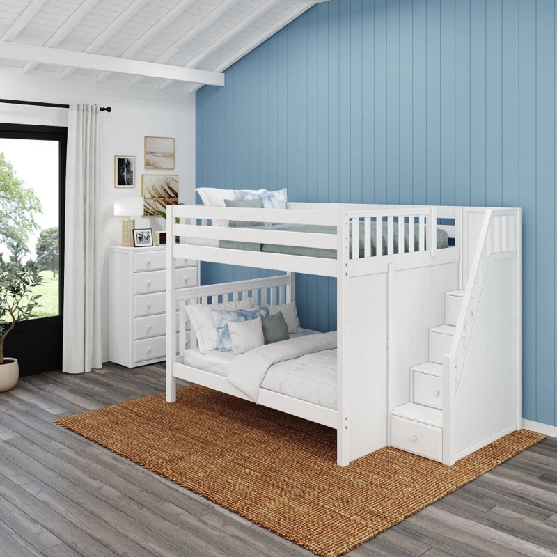 Coastal Queen Bunk Beds with Integrated Staircase Storage in Bright White
