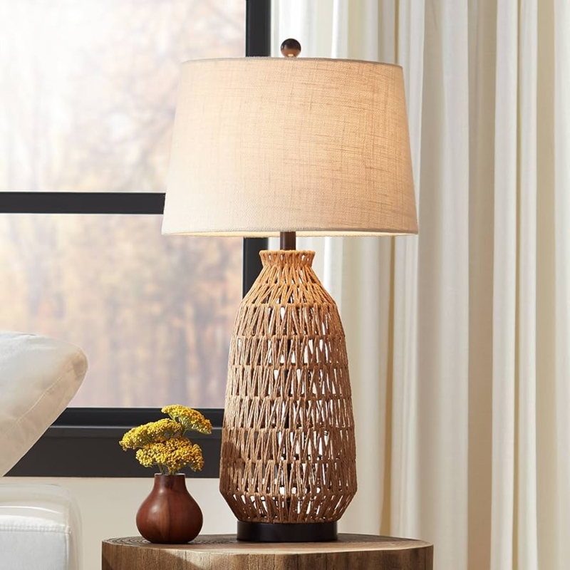 Coastal Rattan Table Lamp with Open Weave Base and Fabric Shade