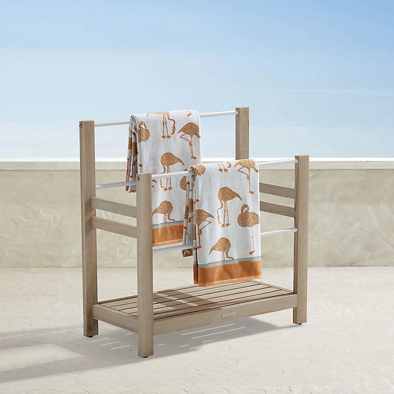 Coastal Resort Towel Stand with Weathered Wood and White Metal Bars
