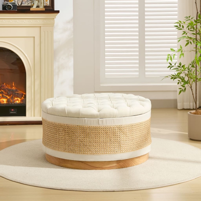 Coastal Storage Ottoman with Rattan Cane Sides and Plinth