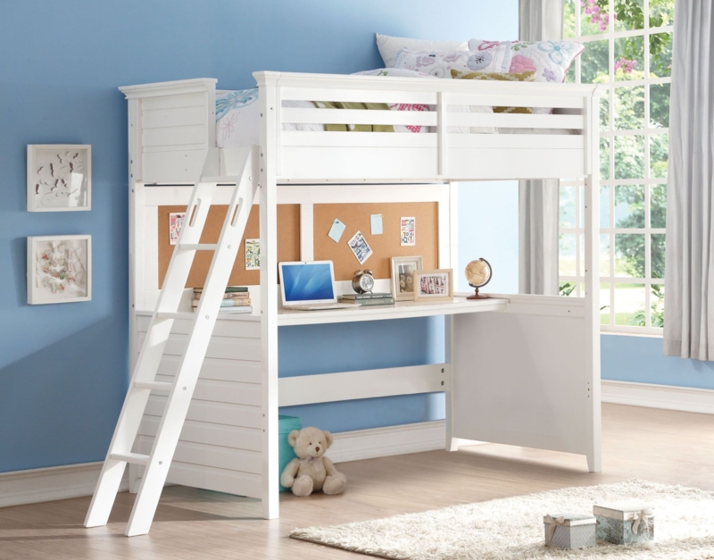 Coastal Style Loft Bed With Desk And Cork Bulletin Board, White