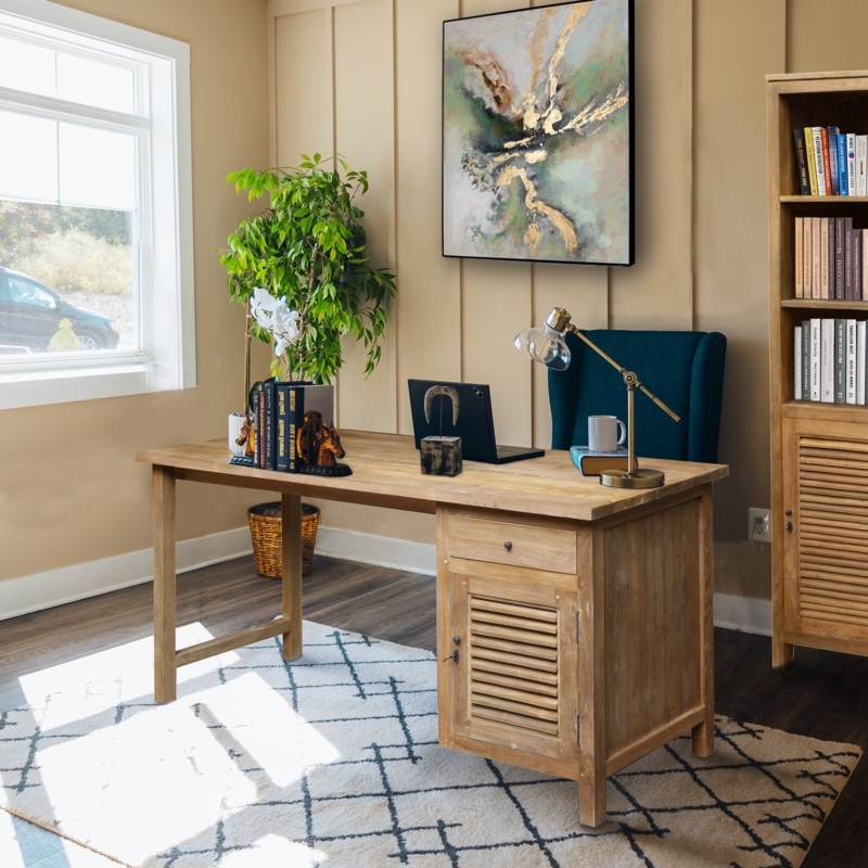 Coastal Style Writing Desk Louvre Door Pedestal Storage